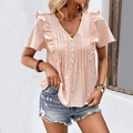 Blusa rosa de gasa para mujer con mangas de volantes y estampado dorado en pico - S / Rosa