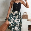 Women's summer maxi dress with black ribbed knit top and dark green floral skirt - M / Dark Green