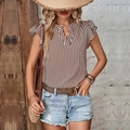 Women's V-neck striped shirt with ruffle flutter sleeves in a casual summer style - Coffee Brown