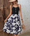 Summer patchwork slip dress with black bodice and dark blue floral printed skirt - S / Navy Blue