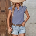 Women's V-neck striped sleeveless top with ruffle sleeves in blue and white colors - Navy Blue