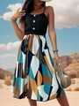 Damen Sommerkleid mit schwarzem Oberteil und buntem geometrischem Blumendruck-Rockteil - S / Gelb