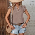 Brown and white vertical striped V-neck top with ruffle cap sleeves and bohemian style - XL / Coffee Brown