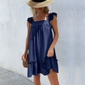 Navy blue summer beach dress featuring ruffled straps and square neckline in a loose fit - S / Navy Blue