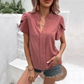 Women summer V-neck short sleeve blouse with ruffled sleeves in mauve color - S / Dusty Pink