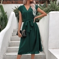 Elegant dark green V-neck short sleeve midi dress with waist tie for summer fashion - S / Dark Green