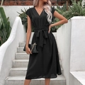 Elegant black V-neck short sleeve midi dress with waist tie and fluid drape - S / Black
