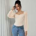 Elegant cream square neck bodysuit with mesh lantern sleeves and sweetheart bust line - S / Apricot