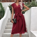 Elegant wine red sleeveless V-neck midi dress with a stylish waist tie for women - S / Burgundy