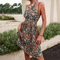 Floral halter neck sleeveless midi dress in dark green with high waist smocked detail - S / Green