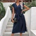 Elegant sleeveless V-neck midi dress in navy blue with a waist tie and matte finish - S / Navy Blue