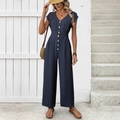 Dark blue V-neck wide-leg jumpsuit with wood-textured buttons and short cap sleeves - S / Navy Blue