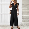 Women's black V-neck short sleeve wide leg jumpsuit with retro amber button details - S / Black