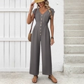 Women's summer grey short sleeve V-neck high waist wide leg jumpsuit in cotton linen fabric - S / Dark Gray