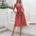 Women's V-neck tie waist short sleeve dress with pockets in elegant brick red color - Burned Orange
