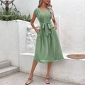 Grass green V-neck short sleeve dress with adjustable waist tie and A-line silhouette - Mint Green