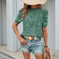 Green summer top with white heart print and smocked high neck puff sleeves - S / Dark Green
