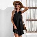 Robe d'été sans manches noire pour femme avec plis col en V et coupe décontractée - Noir
