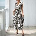 Elegant V-neck sleeveless floral maxi dress with pleated waist for summer wear - S / Black