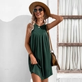 Casual sleeveless A-line summer dress in dark green with pleated details - S / Dark Green