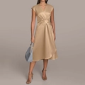 Elegant champagne satin wrap dress with V-neck, sleeveless design, and waist tie belt - S / Champagne