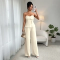 Elegante set due pezzi con top a fascia e pantaloni a gamba larga avorio e bottoni dorati - S / Albicocca