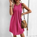 Robe sans manches fuchsia plissée pour femme avec col rond et style décontracté d'été - Rose rouge