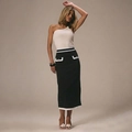 Women's high waist straight skirt in black with white contrast trim and gold buttons - S / Black
