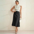 Elegant champagne satin halter top paired with a black midi skirt for a formal evening look - S / Black