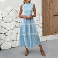 Blue and white striped sleeveless maxi dress with lace trim and smocked bodice details - S / Blue