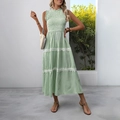 Green striped sleeveless midi dress with smocked bodice and lace patchwork detailing - S / Green