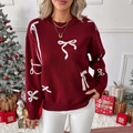 Maglione in maglia rosso scuro con motivi a fiocco bianchi per un look festivo - S / Borgogna