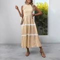 French style striped sleeveless maxi dress with smocked bodice and lace trim in light yellow - S / Yellow