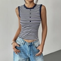 Slim fit blue and white striped knit tank top with button henley neckline and rib texture - S / Navy Blue