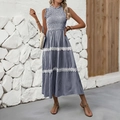Striped sleeveless maxi dress with smocked bodice and lace trim in navy blue - S / Navy Blue