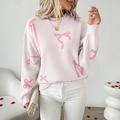 Maglione in maglia rosa da donna con motivi jacquard a fiocco rosa scuro e girocollo - S / Bianco Sporco