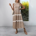 Sleeveless maxi dress in brown and white stripes with lace trim and tiered cake skirt - S / Brown