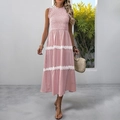 Pink and white striped sleeveless summer dress with lace trim and smocked bodice detail - S / Pink