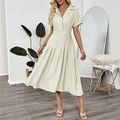 Robe chemise midi beige élégante avec col à revers, boutons et jupe plissée fluide - XL / Vert Pâle