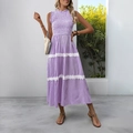 Elegant purple and white striped sleeveless maxi dress with smocking and lace trim details - Purple