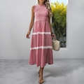 Red and white striped sleeveless maxi dress with lace trim and smocked bodice detail - Red