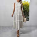 French style striped sleeveless maxi dress with smocked bodice and white lace trim - Gray