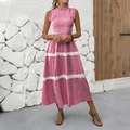 Pink and white striped maxi dress with lace trim and pleated sleeveless bodice - Rose Red
