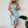 Summer A-line striped sundress in light blue and white with a drawstring waist - S / Blue