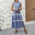 Blue and white striped sleeveless maxi dress with smocking detail and lace inserts - Sapphire Blue