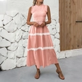 French striped sleeveless maxi dress with orange vertical patterns and white lace trim - Orange