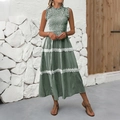 Sleeveless green and white striped midi dress with smocked bodice and lace trim inserts - Dark Green