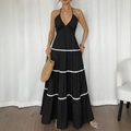 Vestido maxi halter negro con ribete de encaje blanco ondulado y falda con volantes - S / Negro