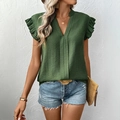 Blusa informal de verano para mujer con cuello en V verde oscuro y mangas de volantes - S / Verde