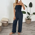 Women's strapless navy blue smocked jumpsuit with bow detail and wide leg pants - S / Navy Blue